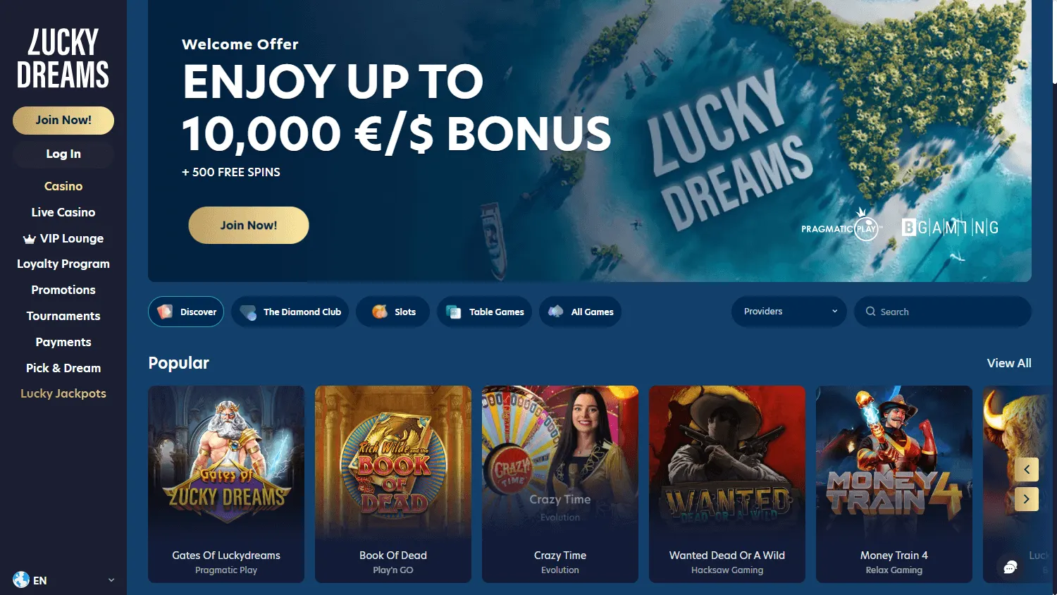 Lucky Dreams Casino home page on desktop