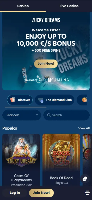 Lucky Dreams Casino home page on mobile