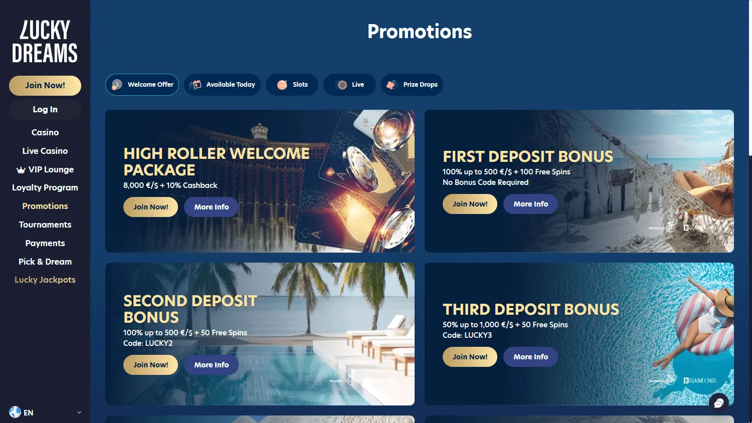 Lucky Dreams Casino promotions page on desktop